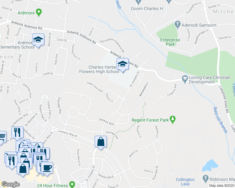 map of restaurants, bars, coffee shops, grocery stores, and more near 2900 Citrus Lane in Springdale