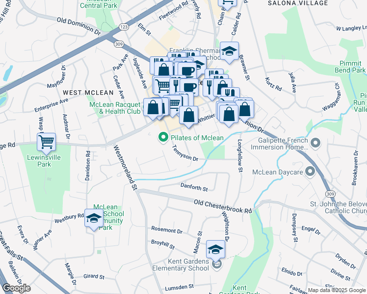map of restaurants, bars, coffee shops, grocery stores, and more near 1508 Linden Hurst Avenue in McLean