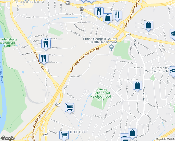 map of restaurants, bars, coffee shops, grocery stores, and more near 3007 Hospital Drive in Hyattsville