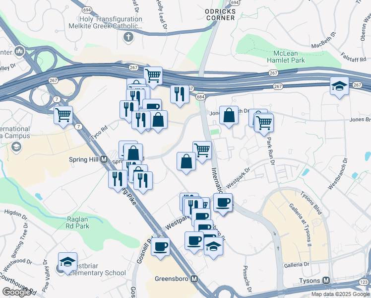 map of restaurants, bars, coffee shops, grocery stores, and more near 8370 Greensboro Drive in McLean