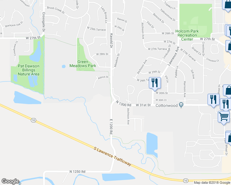 map of restaurants, bars, coffee shops, grocery stores, and more near 3004 Havrone Way in Lawrence