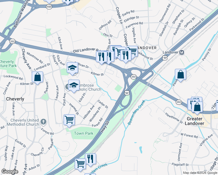 map of restaurants, bars, coffee shops, grocery stores, and more near 3207 Hillside Avenue in Cheverly