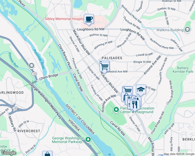 map of restaurants, bars, coffee shops, grocery stores, and more near Sherier Pl NW & Cathedral Ave NW in Washington