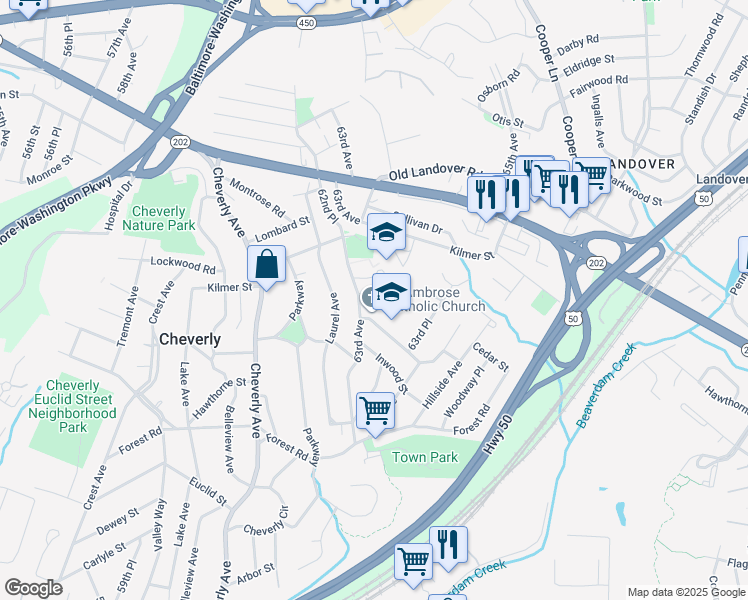 map of restaurants, bars, coffee shops, grocery stores, and more near 6303 Joslyn Place in Cheverly
