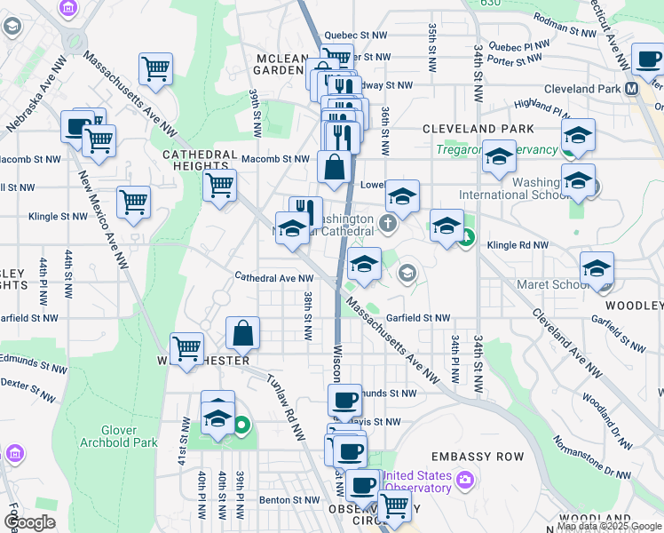 map of restaurants, bars, coffee shops, grocery stores, and more near 3701 Massachusetts Avenue Northwest in Washington