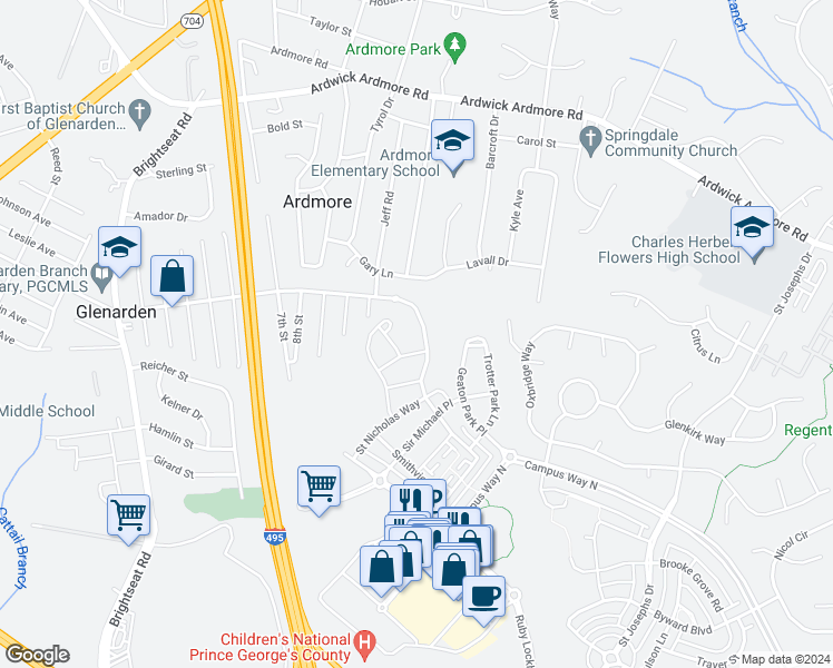 map of restaurants, bars, coffee shops, grocery stores, and more near 9115 Glenarden Parkway in Glenarden