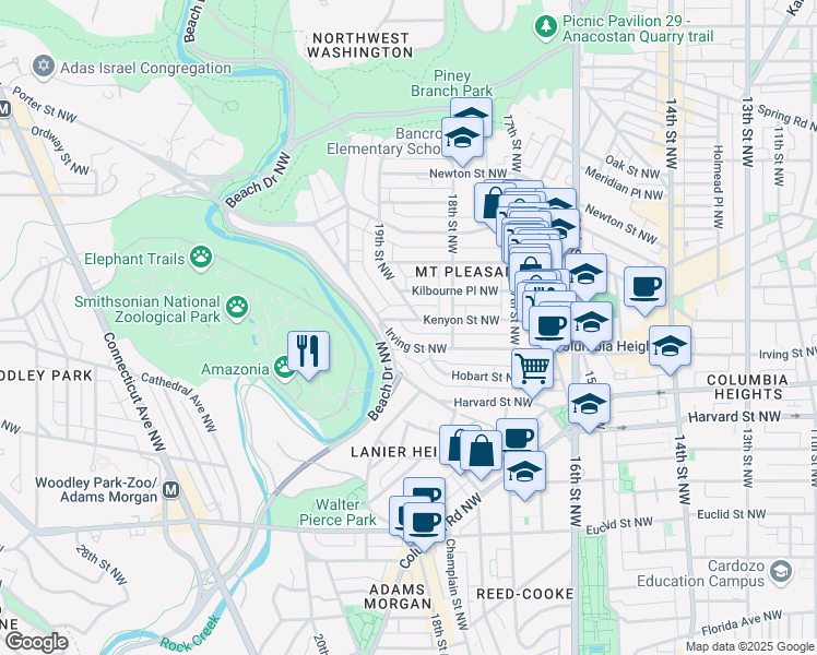 map of restaurants, bars, coffee shops, grocery stores, and more near 1842 Kenyon Street Northwest in Washington
