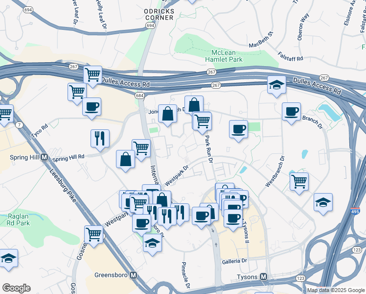 map of restaurants, bars, coffee shops, grocery stores, and more near 8231 Crestwood Heights Drive in McLean
