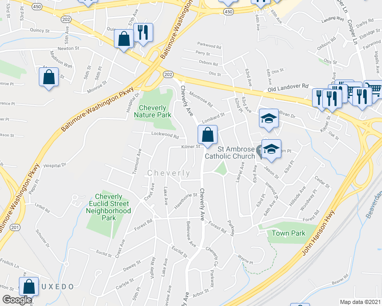 map of restaurants, bars, coffee shops, grocery stores, and more near 3127 Belleview Avenue in Cheverly