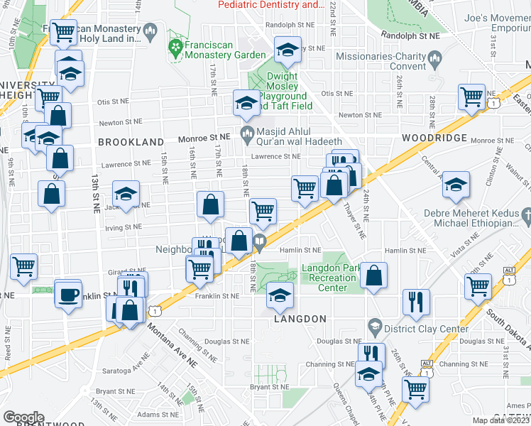 map of restaurants, bars, coffee shops, grocery stores, and more near 1816 Irving Street Northeast in Washington
