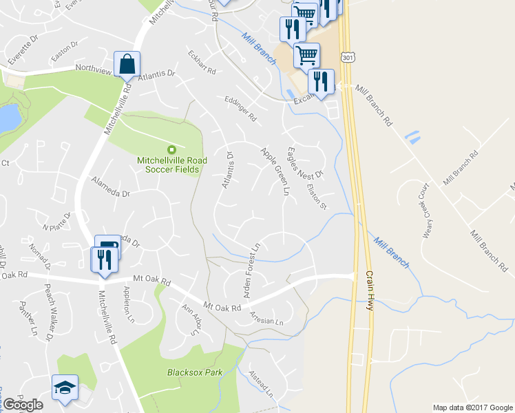 map of restaurants, bars, coffee shops, grocery stores, and more near 3003 Annabelle Place in Bowie