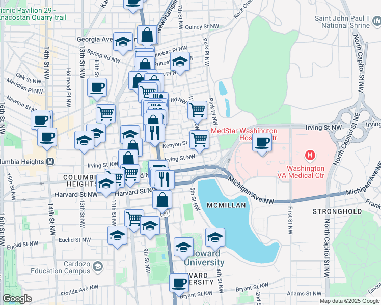 map of restaurants, bars, coffee shops, grocery stores, and more near 527 Irving Street Northwest in Washington