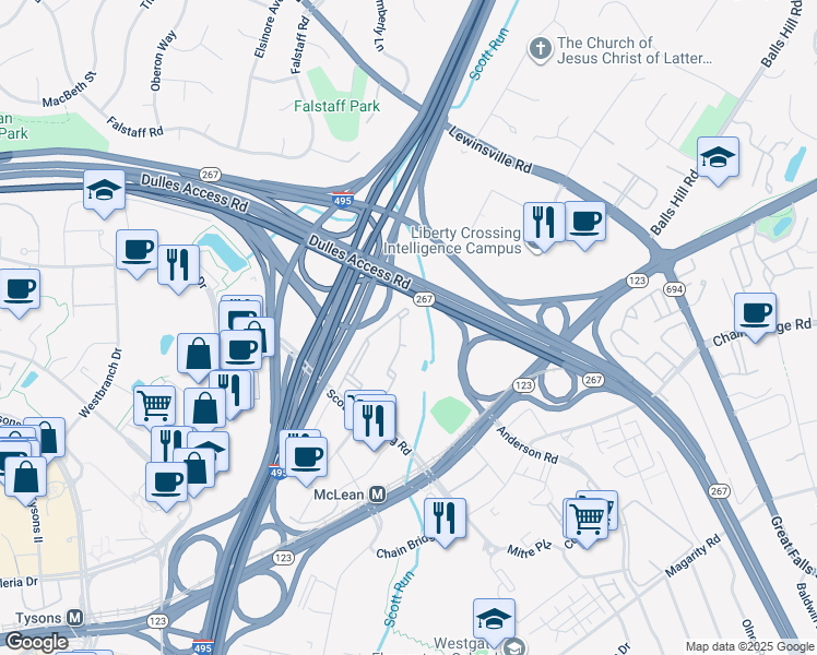 map of restaurants, bars, coffee shops, grocery stores, and more near 1571 Spring Gate Drive in McLean