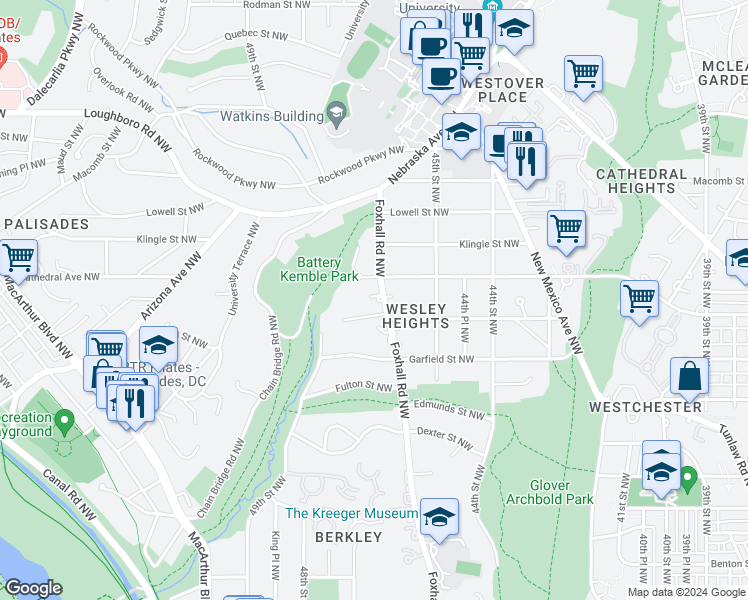 map of restaurants, bars, coffee shops, grocery stores, and more near 3010 Foxhall Road Northwest in Washington