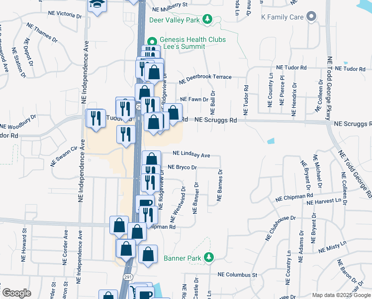 map of restaurants, bars, coffee shops, grocery stores, and more near 1032 Northeast Lindsay Avenue in Lee's Summit