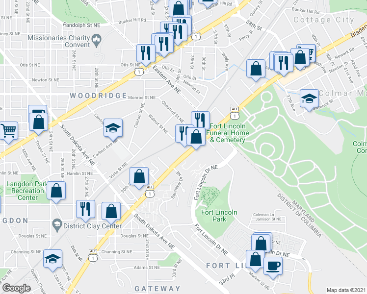 map of restaurants, bars, coffee shops, grocery stores, and more near 3176 Bladensburg Road Northeast in Washington