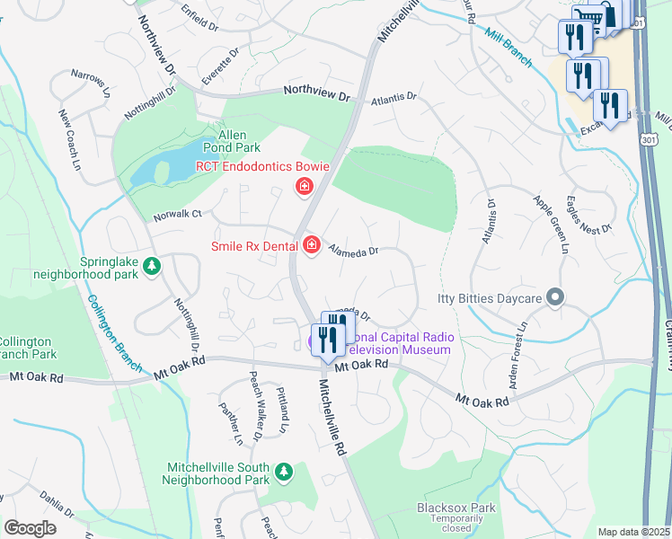 map of restaurants, bars, coffee shops, grocery stores, and more near 2904 Antler Court South in Bowie