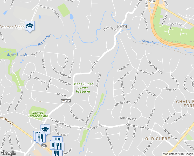 map of restaurants, bars, coffee shops, grocery stores, and more near 1570 Maddux Lane in McLean
