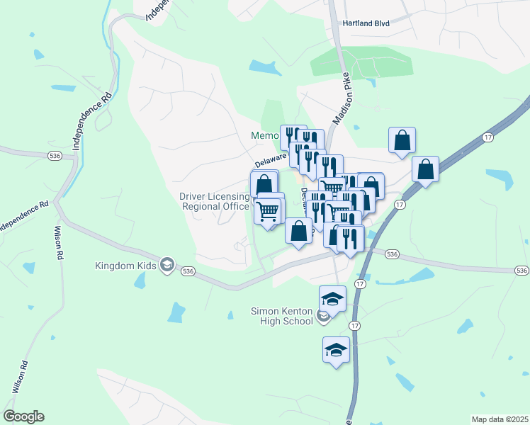 map of restaurants, bars, coffee shops, grocery stores, and more near 1655 Delaware Crossing in Independence