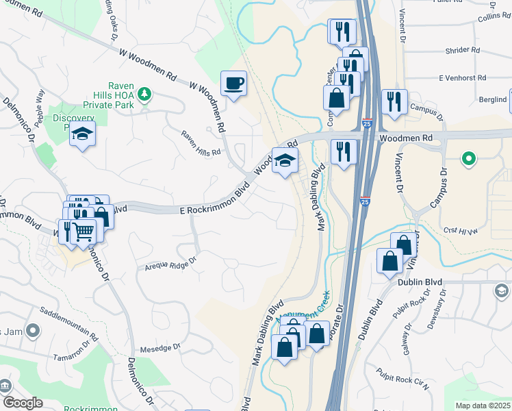 map of restaurants, bars, coffee shops, grocery stores, and more near 6817 Ravencrest Drive in Colorado Springs