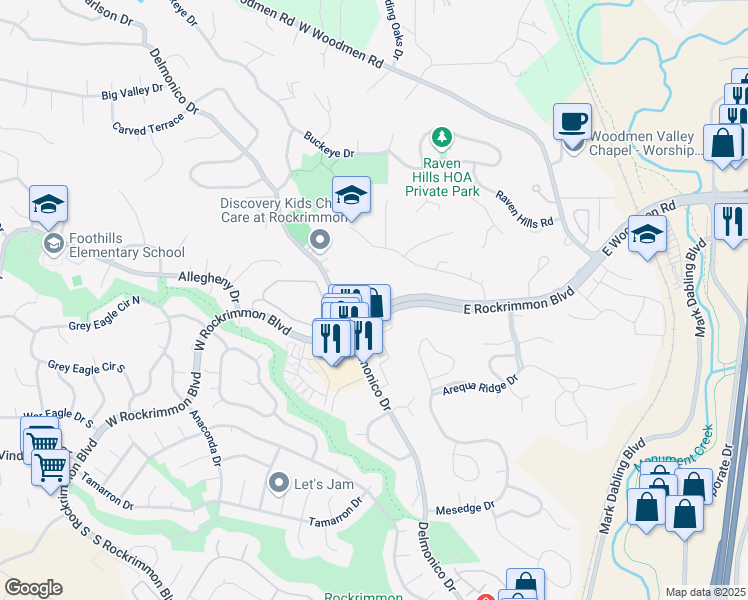 map of restaurants, bars, coffee shops, grocery stores, and more near 120 West Rockrimmon Boulevard in Colorado Springs
