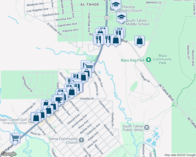 map of restaurants, bars, coffee shops, grocery stores, and more near 1032 Blue Lake Avenue in South Lake Tahoe