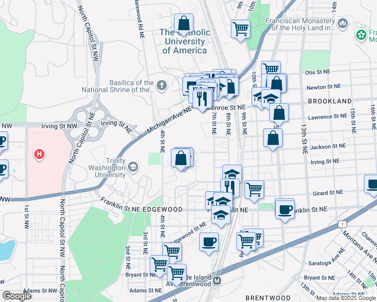 map of restaurants, bars, coffee shops, grocery stores, and more near 586 Regent Place Northeast in Washington