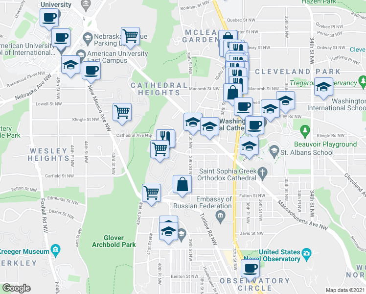 map of restaurants, bars, coffee shops, grocery stores, and more near 3901 Cathedral Avenue Northwest in Washington