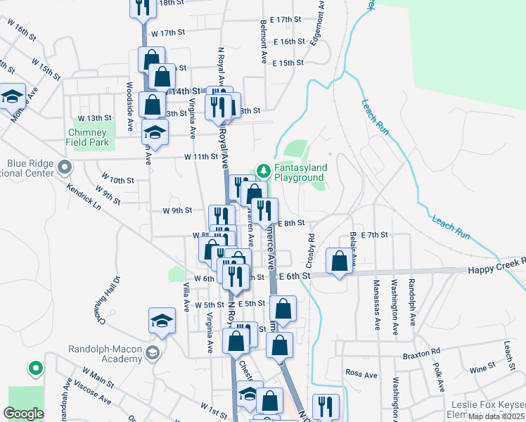 map of restaurants, bars, coffee shops, grocery stores, and more near 816A North Commerce Avenue in Front Royal