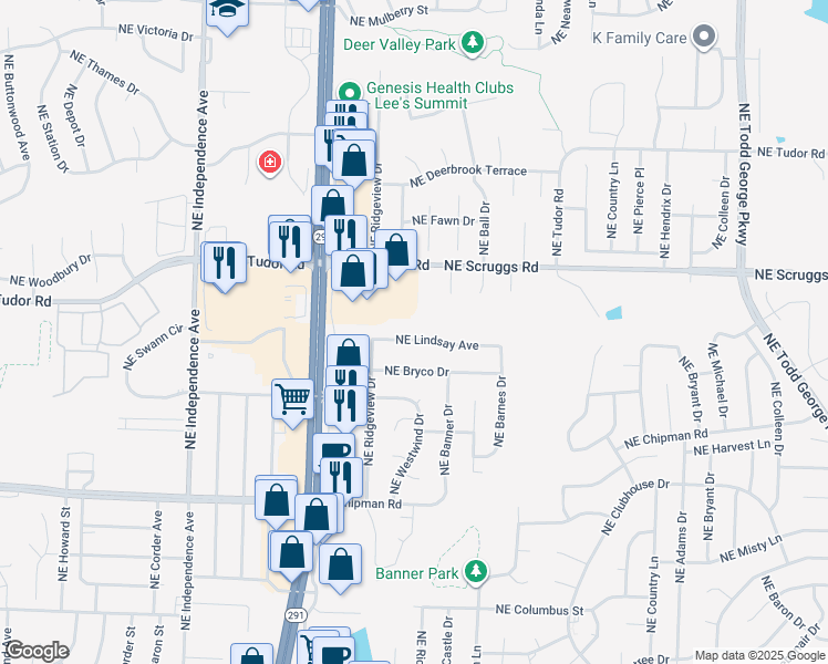 map of restaurants, bars, coffee shops, grocery stores, and more near 1028 Northeast Lindsay Avenue in Lee's Summit