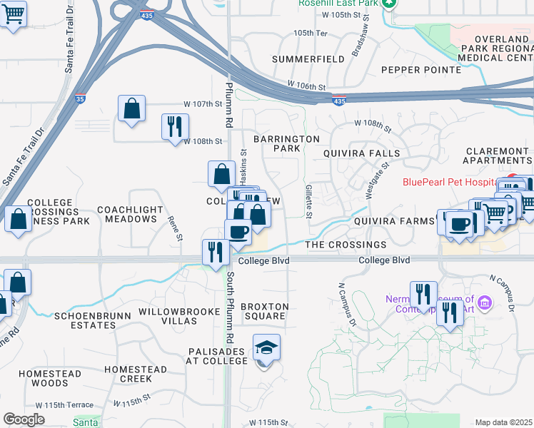 map of restaurants, bars, coffee shops, grocery stores, and more near 13313 West 109th Terrace in Overland Park