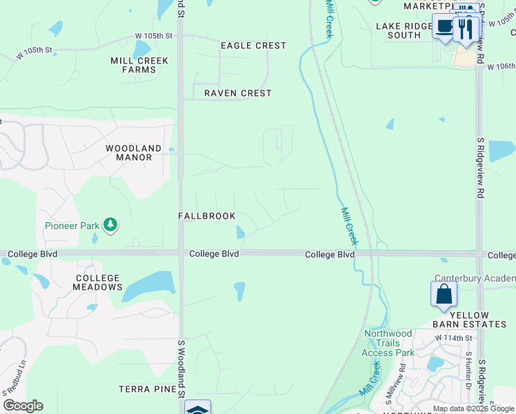 map of restaurants, bars, coffee shops, grocery stores, and more near 19564 West 110th Street in Olathe