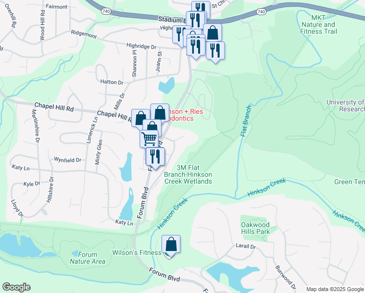 map of restaurants, bars, coffee shops, grocery stores, and more near 1510 Chapel Hill Road in Columbia