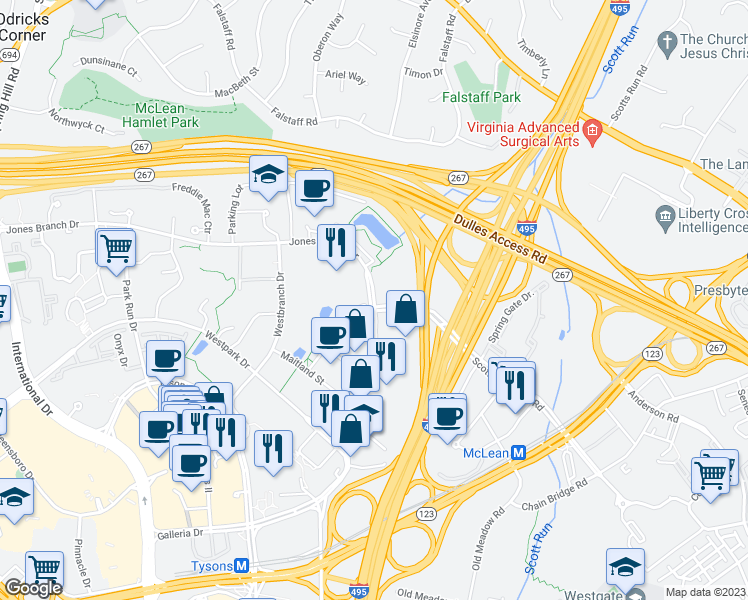 map of restaurants, bars, coffee shops, grocery stores, and more near 7938 Jones Branch Drive in Tysons