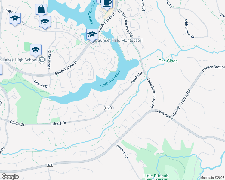 map of restaurants, bars, coffee shops, grocery stores, and more near 11094 Thrush Ridge Rd in Reston