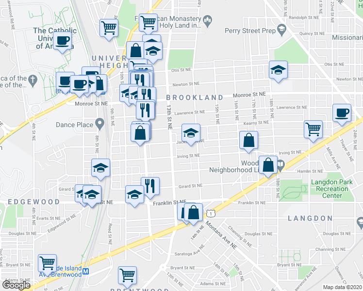 map of restaurants, bars, coffee shops, grocery stores, and more near 1317 Jackson Street Northeast in Washington