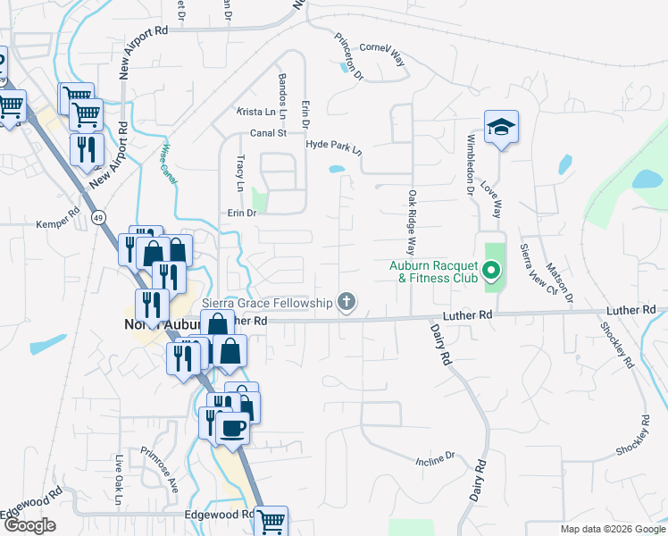 map of restaurants, bars, coffee shops, grocery stores, and more near 1315 Wesley Lane in Auburn