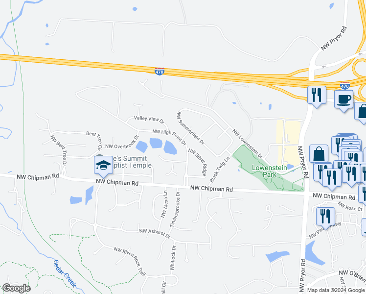 map of restaurants, bars, coffee shops, grocery stores, and more near 800 Northwest High Point Drive in Lee's Summit