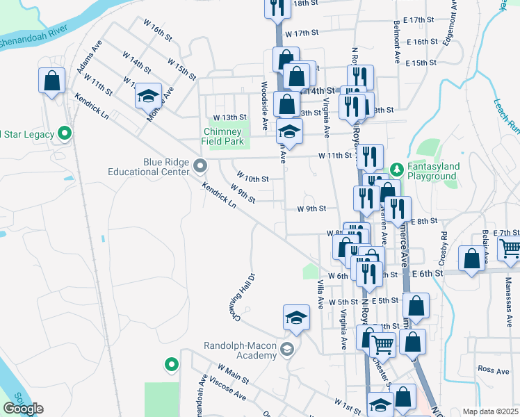 map of restaurants, bars, coffee shops, grocery stores, and more near 336 West 9th Street in Front Royal
