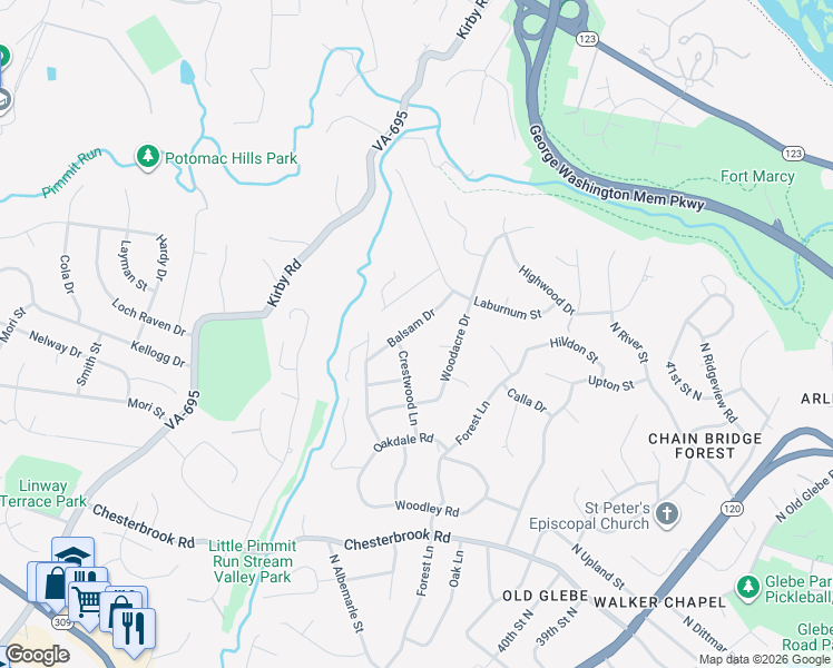 map of restaurants, bars, coffee shops, grocery stores, and more near 6011 Balsam Drive in McLean