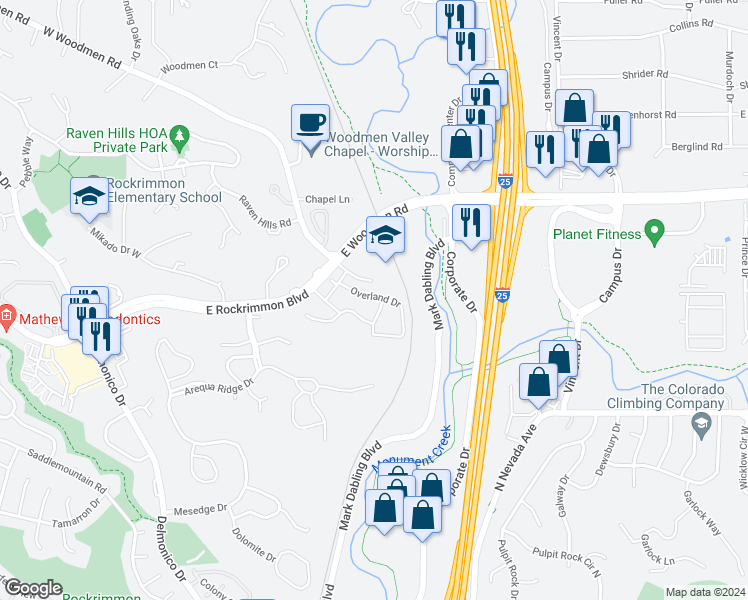 map of restaurants, bars, coffee shops, grocery stores, and more near 6726 Overland Drive in Colorado Springs