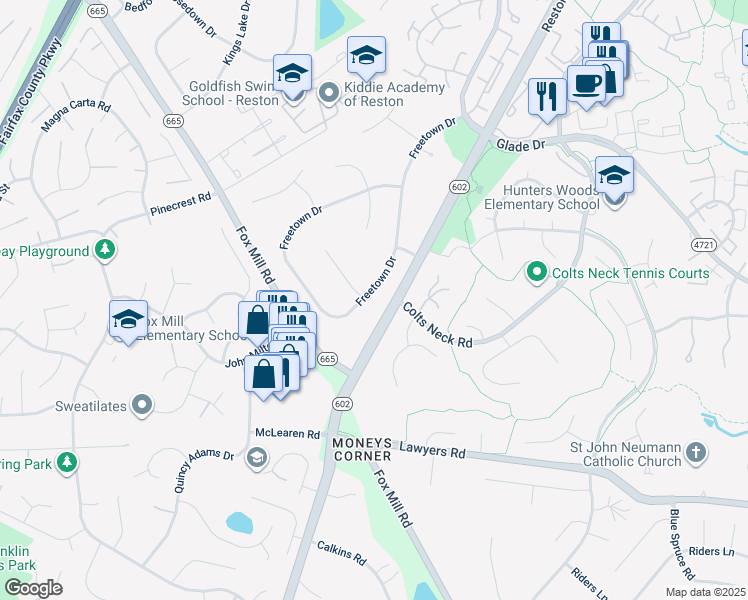 map of restaurants, bars, coffee shops, grocery stores, and more near 2461 Freetown Drive in Reston