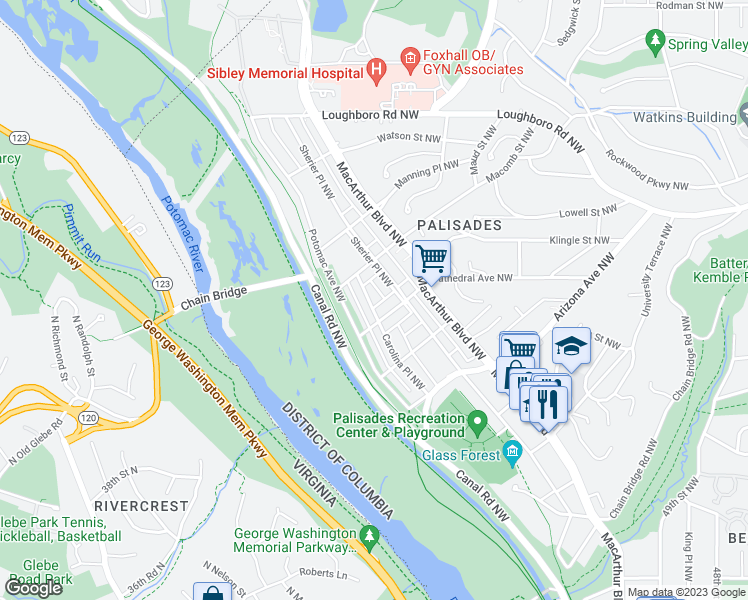 map of restaurants, bars, coffee shops, grocery stores, and more near 5511 Carolina Place Northwest in Washington