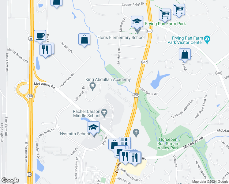 map of restaurants, bars, coffee shops, grocery stores, and more near 13625 Cedar Run Lane in Herndon