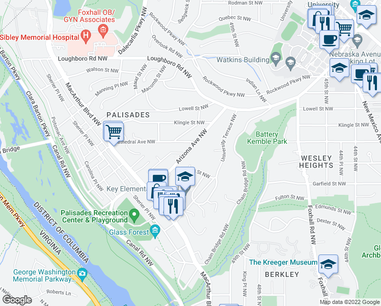 map of restaurants, bars, coffee shops, grocery stores, and more near 2939 Arizona Avenue Northwest in Washington