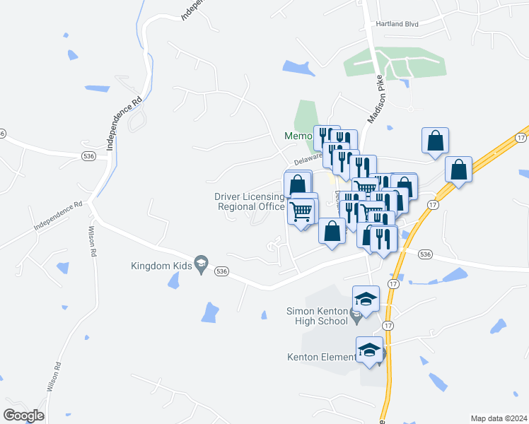 map of restaurants, bars, coffee shops, grocery stores, and more near 10790 Brentwater Place in Independence