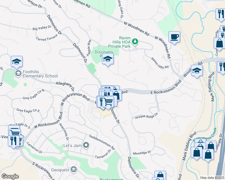 map of restaurants, bars, coffee shops, grocery stores, and more near 140 West Rockrimmon Boulevard in Colorado Springs
