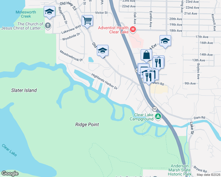 map of restaurants, bars, coffee shops, grocery stores, and more near 7337 Lakeland Drive in Clearlake