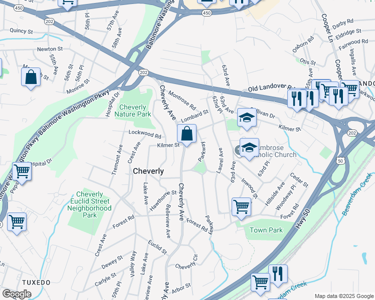 map of restaurants, bars, coffee shops, grocery stores, and more near 3115 Cheverly Avenue in Cheverly