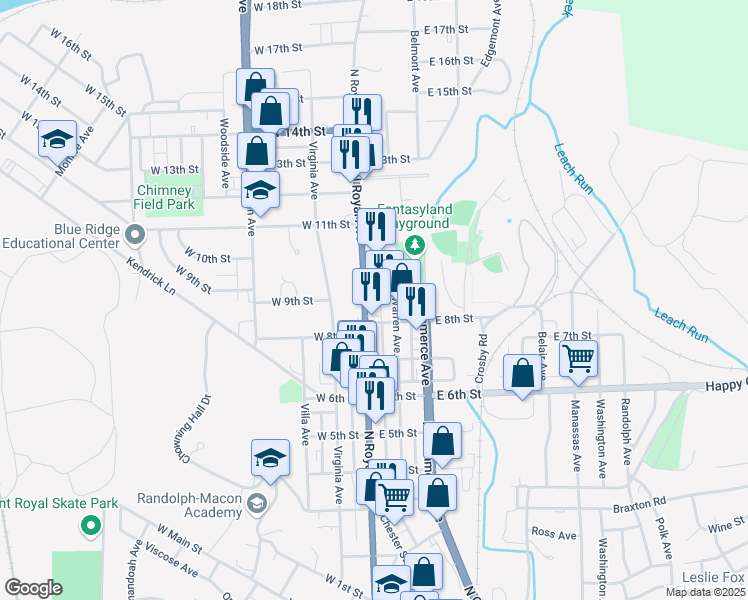map of restaurants, bars, coffee shops, grocery stores, and more near 823 North Royal Avenue in Front Royal